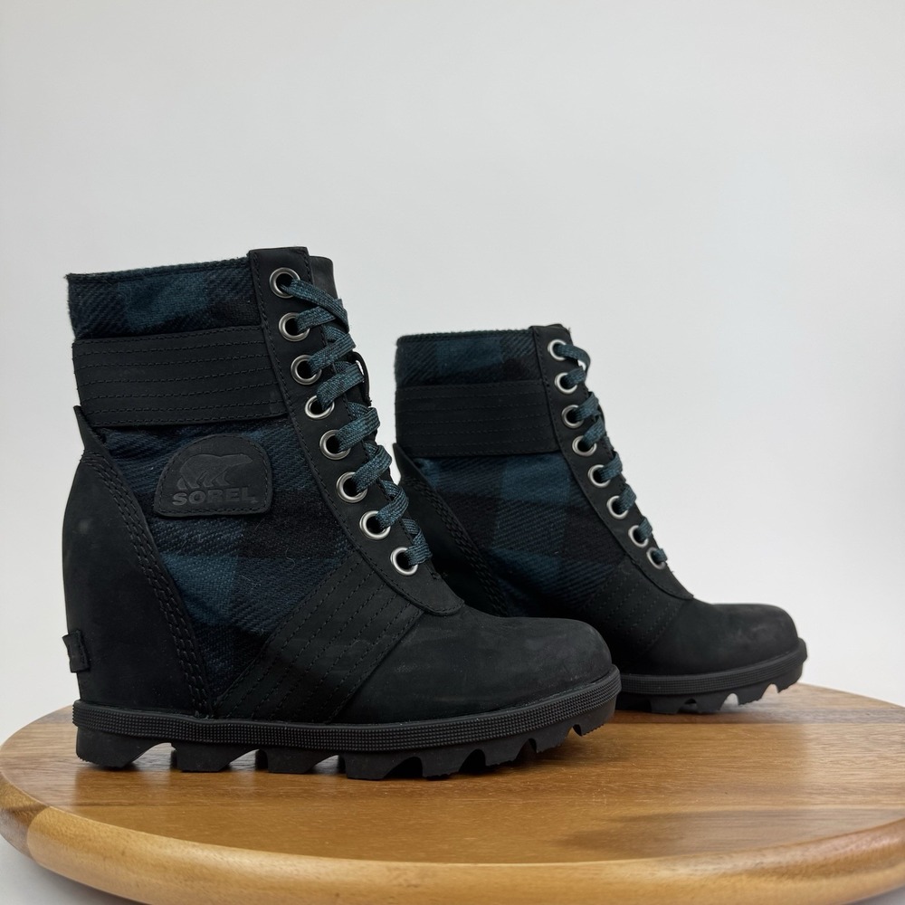 Womens Sorel Lexie Teal Black Plaid Waterproof Lace Up Wedge Ankle Boots Size 5